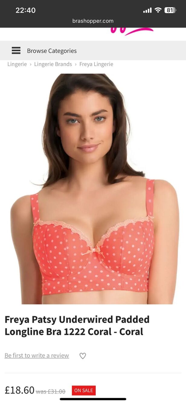 Freya 30G Patsy Underwired Padded Longline Bra coral pink white dot lingerie